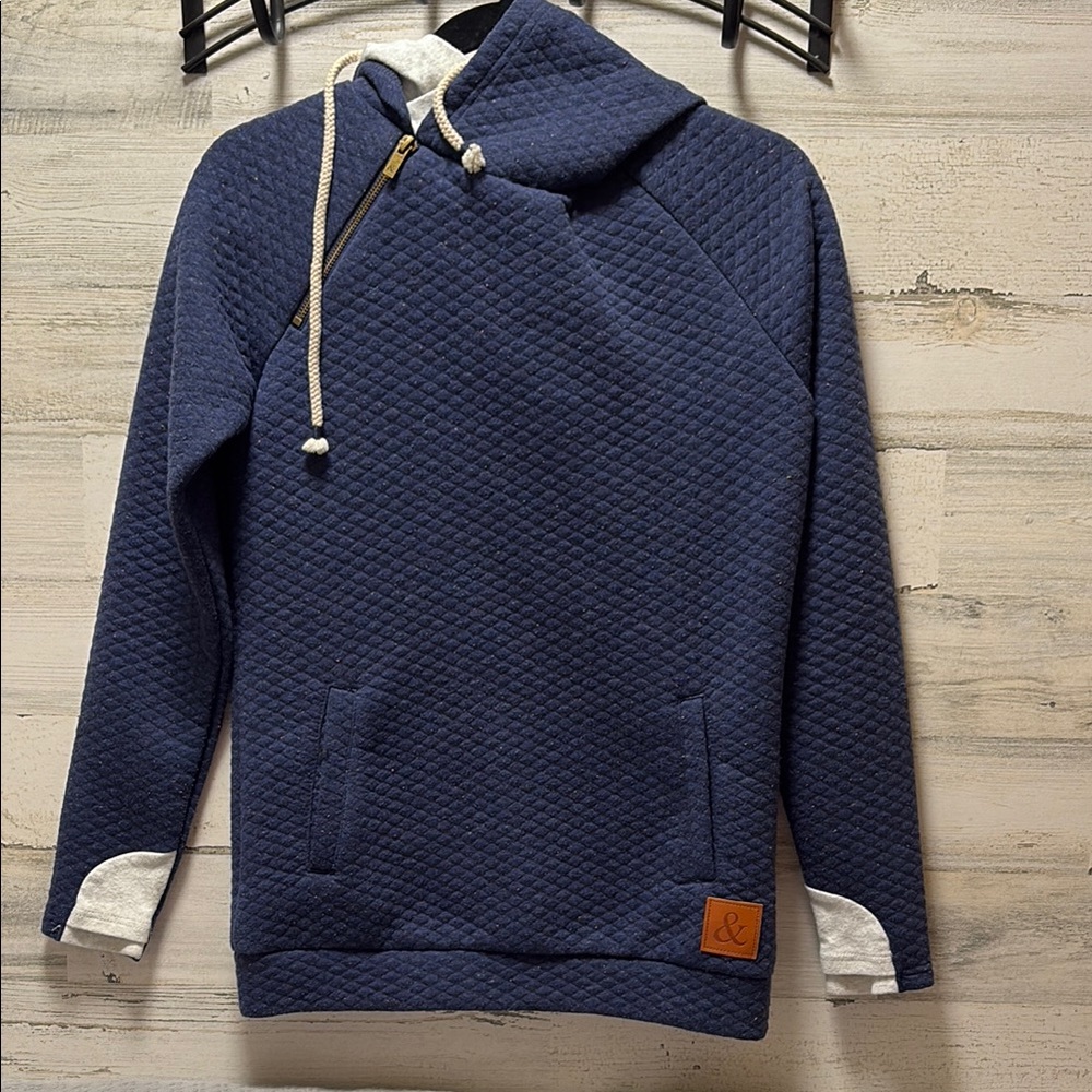 Quilted Blue Hoodie with Light Grey Accents
